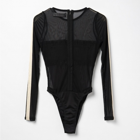 Manière De Voir Black Sheer Mesh Top with Denim Bandeau Panel- Size Small - Picture 3 of 4